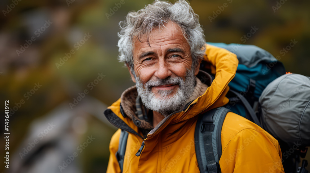 An elderly man outdoors wearing a yellow jacket and a backpack, smiling, portrays an active lifestyle. Ai generative