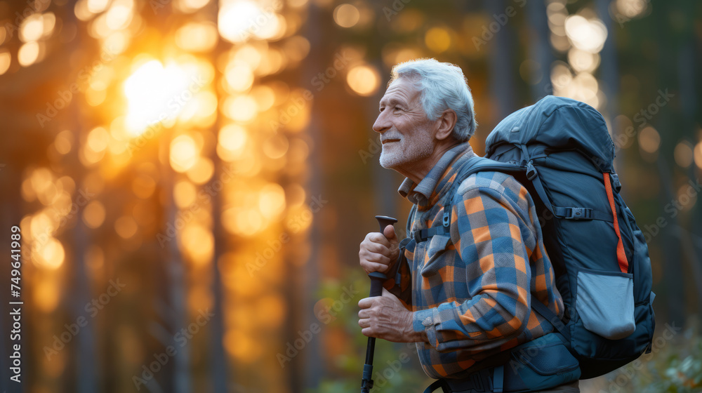 An elderly man with a backpack outdoors, active and enjoying a walk in nature. Ai generative