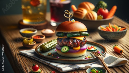 Burger with small beef patty, Korean BBQ, and Thai pickles on artisan bun. Cute burger, Korean and Thai touches, on a small wooden table.