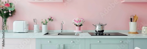Pastel kitchen concept with colorful room interior design, appliances, and counter space with sinks © Brian