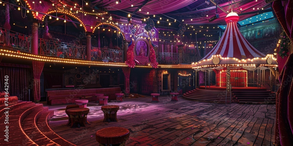 Interior of a circus tent with garish colors and lights - obrazy, fototapety, plakaty 