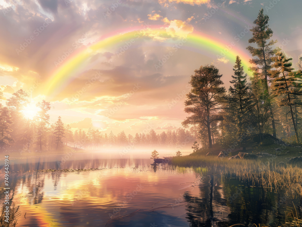 Majestic Rainbow Over a Misty Lake at Sunrise in a Pine Forest
