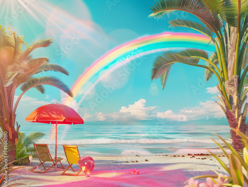 Tropical Beach Paradise with Rainbow, Palm Trees, and Beach Chairs