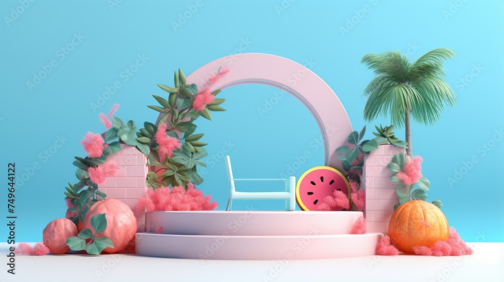 3d rendering of a pink and blue podium with a pink arch and a blue background. There are some pink and green plants on the podium and a watermelon. 3d rendering of a pink and blue podium with a pink arch and a blue background. There are some pink and green plants on the podium and a watermelon.