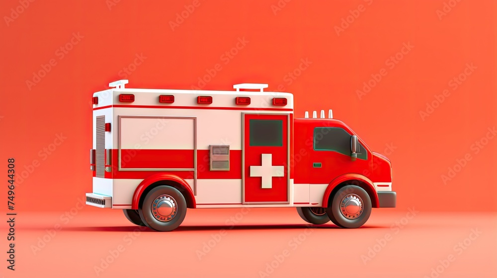 A 3D rendering of a red and white ambulance on a red background. The ambulance has a cross on the side and is viewed from the side. A 3D rendering of a red and white ambulance on a red background. The ambulance has a cross on the side and is viewed from the side.