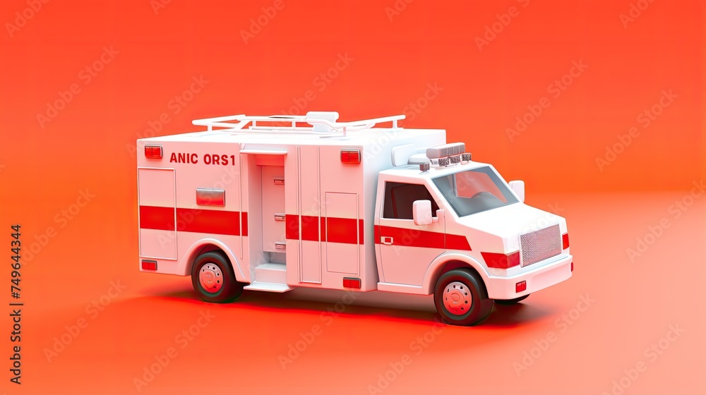 A 3D rendering of a white and red ambulance on a red background. The ambulance has the words A 3D rendering of a white and red ambulance on a red background. The ambulance has the words