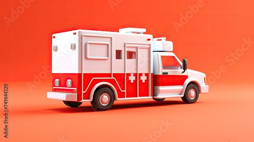 A 3D rendering of a red and white ambulance on a red background. The ambulance has a cross on the side and is seen from the back at a slight angle.
