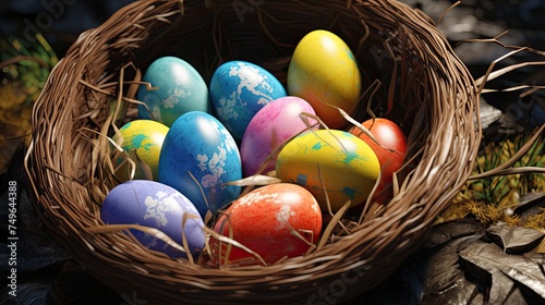 A beautiful basket of Easter eggs. The eggs are all different colors and have different designs on them.