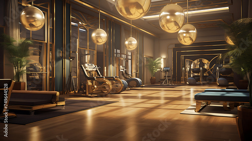 A gym interior inspired by the 1920s jazz age, with art deco decor and jazz music playing in the background. photo