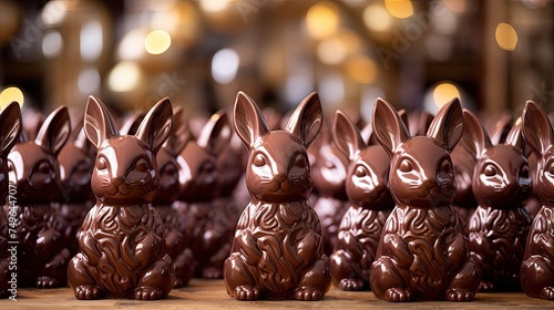 A closeup of a group of milk chocolate Easter bunnies lined up in rows against an out of focus background of warm lights. photo
