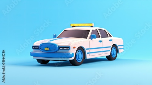 A cute and simple 3D illustration of a police car. The car is white and blue with a yellow light on top.