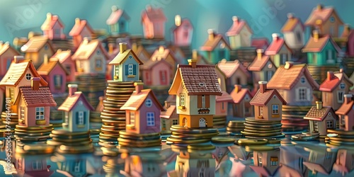 Houses on stacks of coins for mortgage and foreclosure concept - HELOC and insurance payments, home equity, and real estate