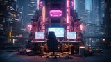 A hacker's den in a cyberpunk city. The room is dark and full of electronic equipment.