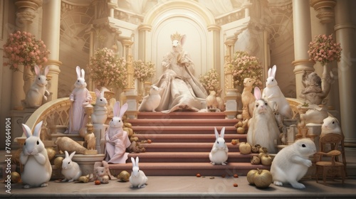 A group of rabbits dressed in royal attire gather in a grand hall. The rabbits are of various sizes and breeds.