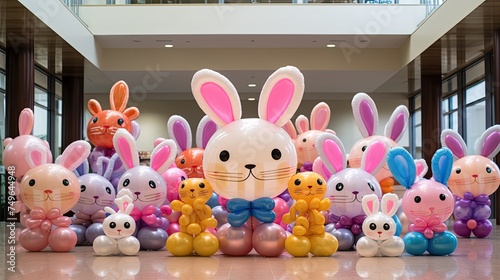 A large group of colorful and shiny balloon animals, mostly rabbits, are gathered in a large, bright room.