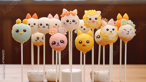A variety of cute and colorful cake pops, decorated with faces and flowers. The cake pops are arranged on a table. photo