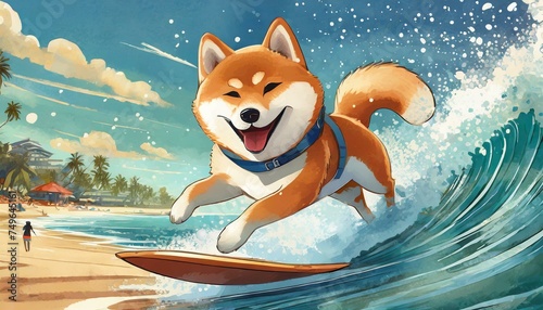 楽しくサーフィンする可愛い柴犬 © hideki