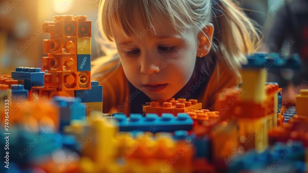 blond girl playing with blocks blond girl playing with blocks