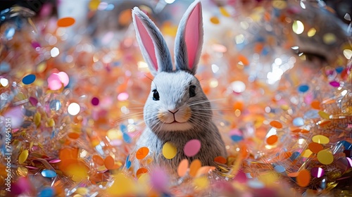 Cute gray bunny rabbit sits in a pile of colorful confetti. The perfect image for Easter, spring, or any other festive occasion. photo