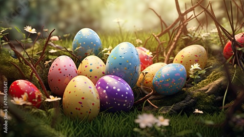 Easter eggs in a basket on green moss. The eggs are decorated with colorful polka dots. The basket is made of twigs.