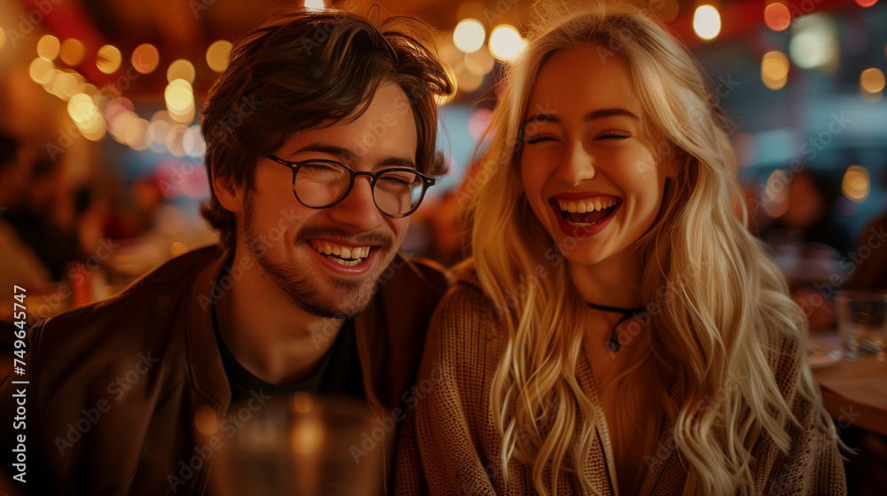 An adorable young couple on a date and happily having a great time. 