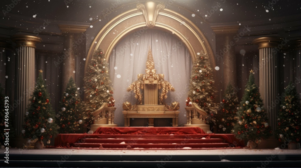 Obraz premium The image is a 3D rendering of a Christmas scene. There is a golden throne with a red carpet leading up to it.