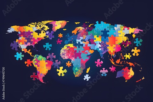 World Autism Awareness Day,banner,world map on a dark background consisting of colorful puzzles,place for text,concepts of inclusivity, diversity, awareness and help, mental illness and brain diseases