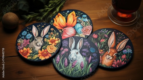 Set of four round coasters with a floral design featuring a rabbit in each one. The coasters are made of cork and have a glossy finish.
