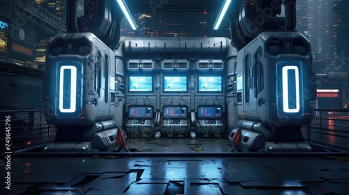 The image is a dark and futuristic control room. There are three computer consoles in the center of the room, each with a large screen and a keyboard. photo