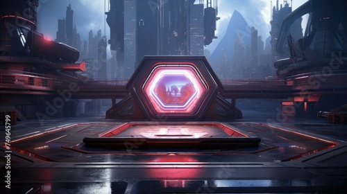 The image is a dark and futuristic sci-fi scene. There is a large hexagonal portal in the center of the image, and a city in the background.