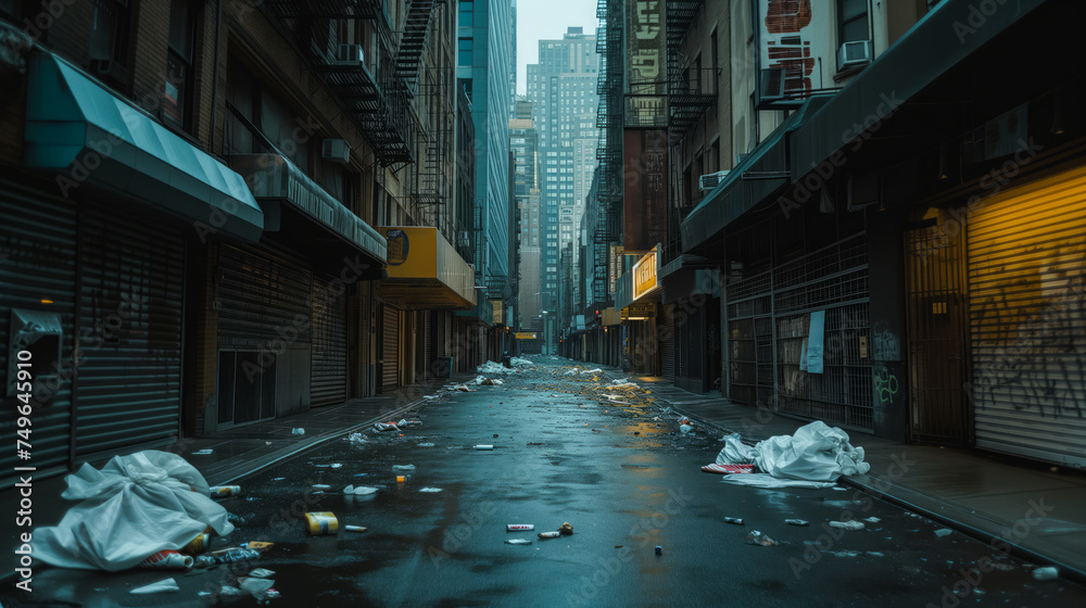 A desolate street filled with trash illustrating an urban environmental catastrophe. Ai generative illustration
