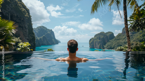 A person enjoys a stunning view from an infinity swimming pool surrounded by tropical scenery. Ai generative illustration photo