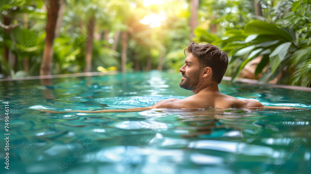 A man enjoys a swimming pool surrounded by tropical vegetation, evoking a sense of vacation and relaxation. Ai generative illustration