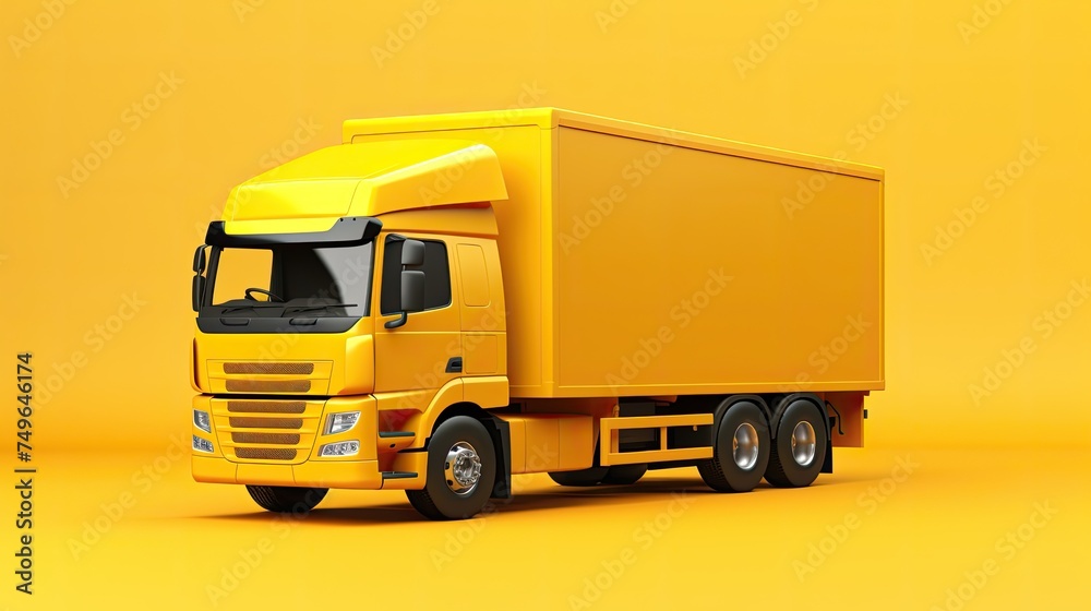 This is a 3D rendering of a yellow delivery truck. It is a large vehicle with a box-shaped body and a long hood.