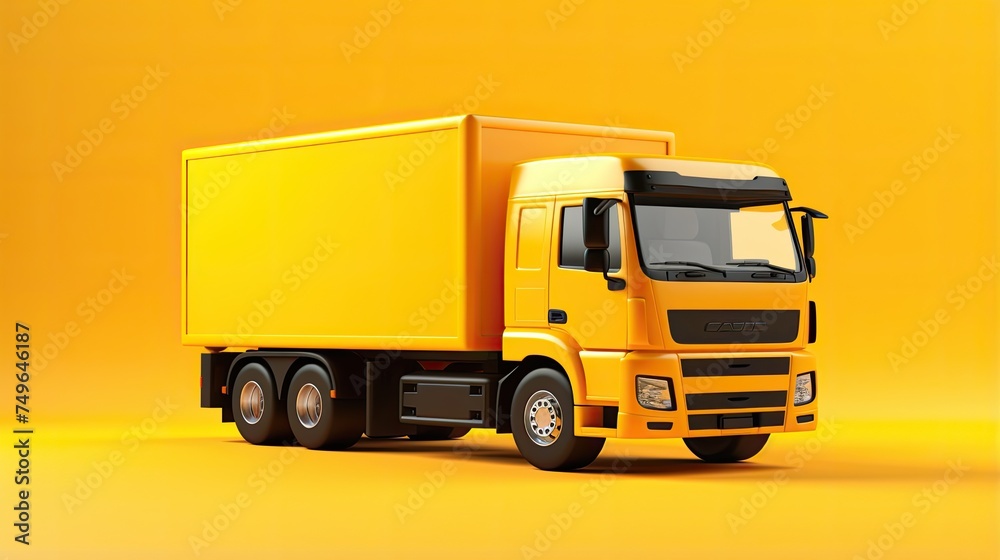 This is a 3D rendering of a yellow delivery truck. The truck has a box-shaped body with the word 