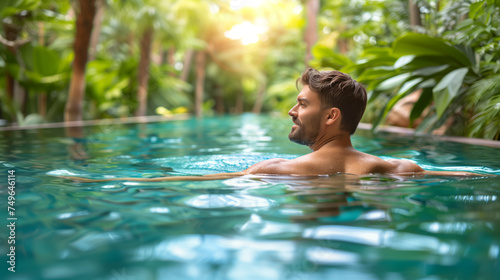 A man enjoys a swimming pool surrounded by tropical vegetation, evoking a sense of vacation and relaxation. Ai generative illustration © ImageFlow