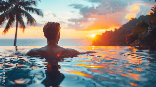 A person enjoying a sunset from a swimming pool in a tropical location. Ai generative illustration photo
