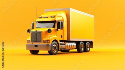 This is a 3D rendering of a yellow semi-truck. It is a large vehicle with a long trailer. The truck is isolated on a yellow background. photo