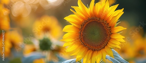 A single large sunflower stands tall amidst a vast field of sunflowers, showcasing its bright yellow petals and dark center. The surrounding sunflowers create a sea of yellow blooms under a clear blue