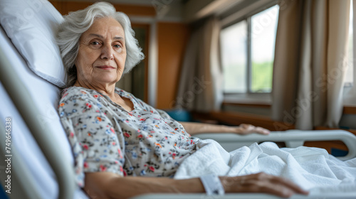 An elderly patient resting in a hospital bed, depicting healthcare environment. Ai generative illustration