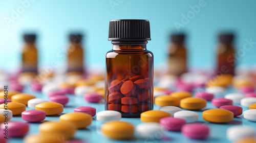 A glass bottle with orange pills surrounded by assorted medicines on a blue background. Ai generative illustration