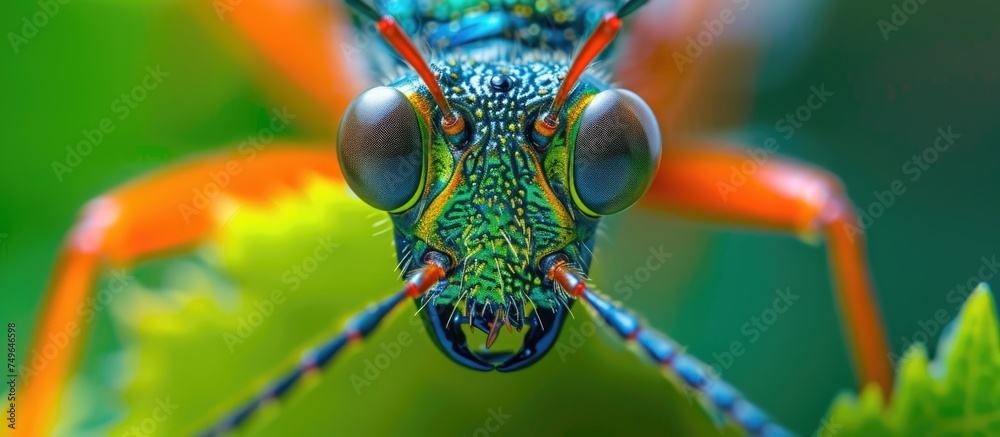 Fototapeta premium A close up view of a vibrant and colorful insect perched delicately on a green leaf in its natural habitat. The insects intricate patterns and details are highlighted against the leafs surface.