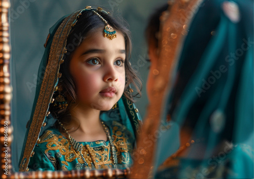 a little girl looking on over the reflection in a mirror, dark teal and dark yellow,  She wears the Indian saree photo