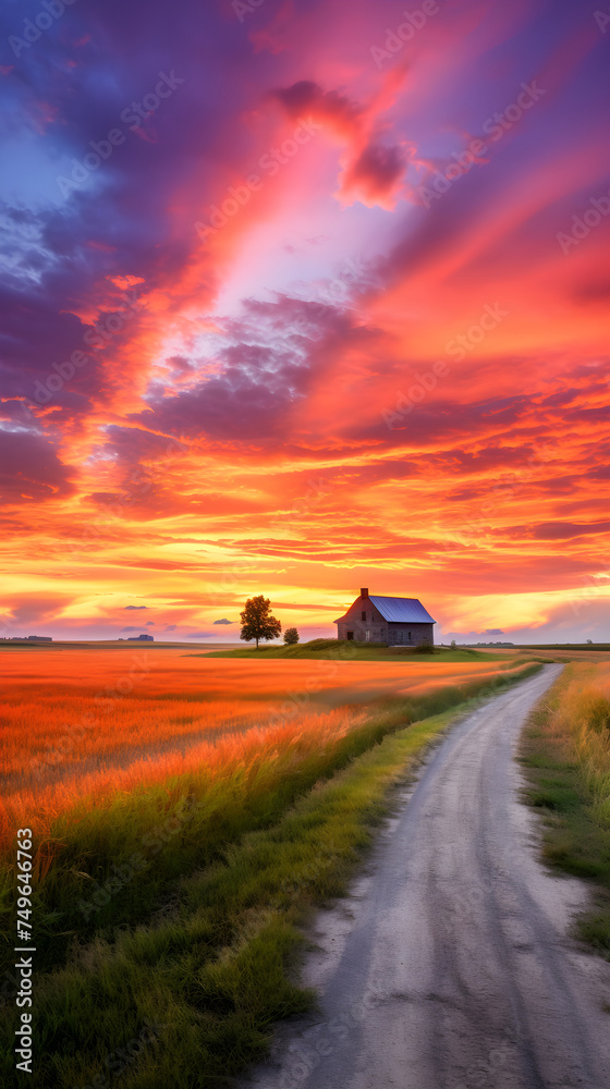 Serene Sunrise: A Scenic View of an Empty Road, Golden Wheat Field, and Farmhouse in Rural Landscape