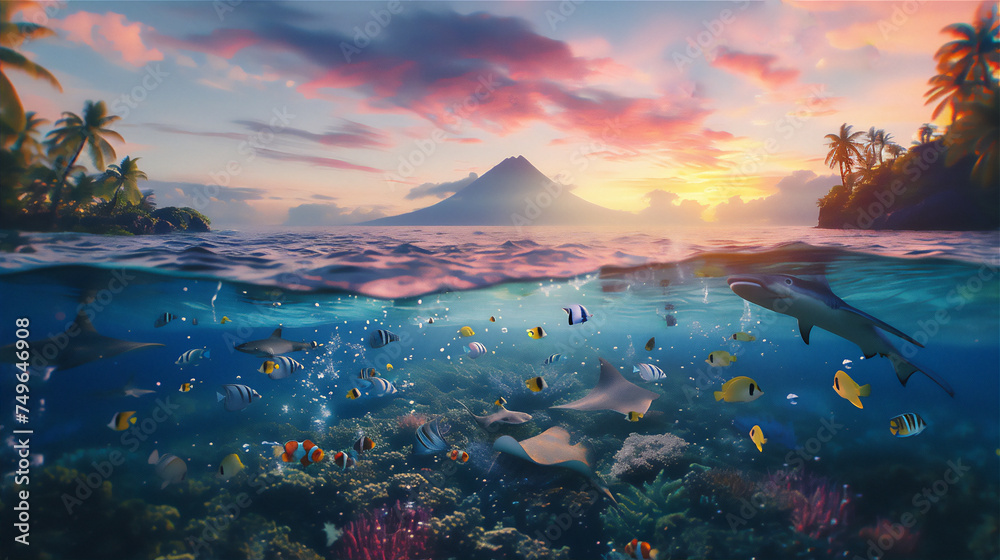 half underwater scene in the reef with stingray, colorful fishes and coral, volcano mountain above the sea at sunrise - obrazy, fototapety, plakaty 