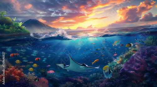 half underwater scene in the reef with stingray, various fishes and coral, volcano mountain above the sea at sunrise