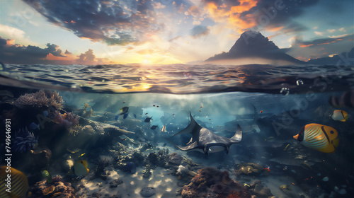 half underwater scene with stingray, various fishes and coral and volcano mountain above the sea at sunset © Maizal