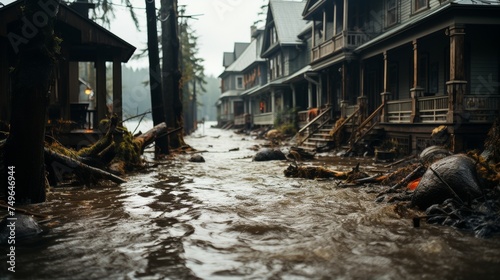 An illustration of a flooded road with homes on the side. 