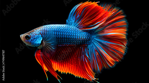 Colorful betta fish with long tail in closeup on black background