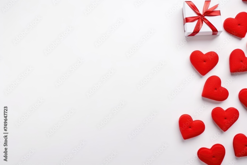 Festive Valentine's Day composition with gifts and scattered heart confetti on white. Festive Valentine's Day composition with gifts and scattered heart confetti on white.